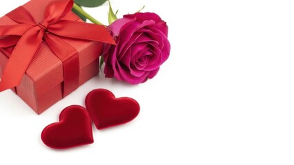 Beautiful red rose and gift box with heart shaped objects