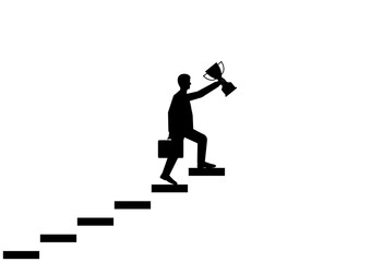 Businessman holding Trophy while walking upstairs Silhouette. Goal Achievement and Business Success Concept. Vector Illustration.