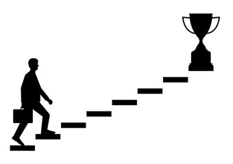 Businessman walking upstairs to get Trophy Silhouette. Goal Achievement and Business Success Concept. Vector Illustration.