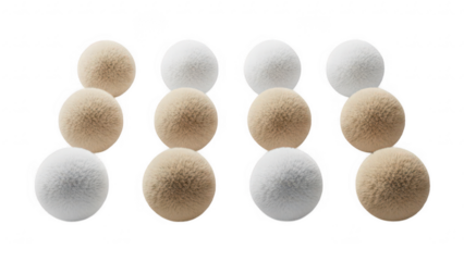 Group of round textured balls in beige and white colors arranged on transparent background for decorative or educational purposes