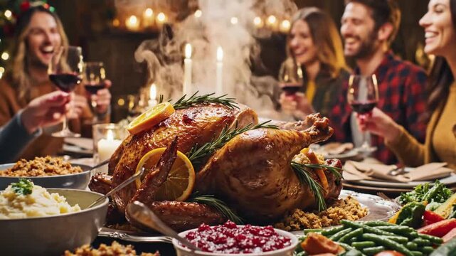 Festive Thanksgiving Feast: Joyful Family Gathering Around Holiday Dinner Table
