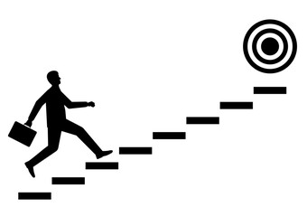 Businessman running upstairs to reach Target Silhouette. Goal Achievement and Business Success Concept. Vector Illustration.