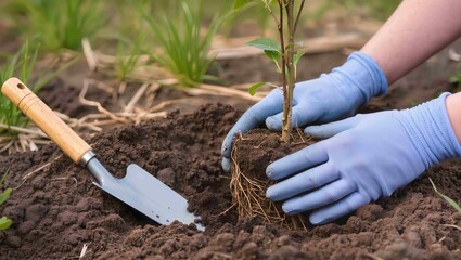 Person wearing garden gloves planting a tree seedling in prepared soil, emphasizing gardening work, tree planting, outdoor gardening, and sustainable green practices