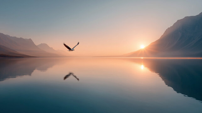 Majestic American bald eagle flying over calm mountain lake at sunrise. Wilderness landscape with bird reflection in water. - Powered by Adobe