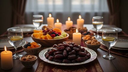 Fototapeta premium A clean and elegant minimalist background for Ramadan celebrations. The image features a modern golden lantern with intricate patterns, placed beside a small white bowl of premium dates.