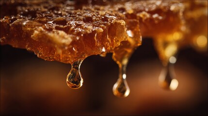 Crafting Premium Organic Honey With Amber Richness Flowing From the Comb in a Macro View