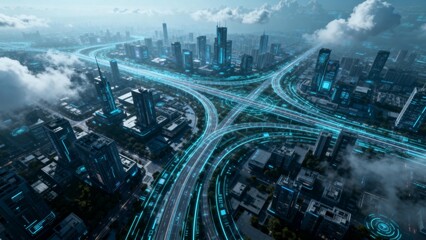 Futuristic cityscape with glowing roads