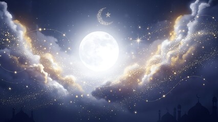Celestial night with a brilliant full moon, sparkling clouds, and a crescent star, evoking a serene and spiritual atmosphere for celebrations