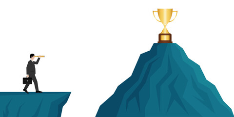 Businessman using Telescope looking for Trophy. Goal Achievement and Business Success Concept. Vector Illustration.