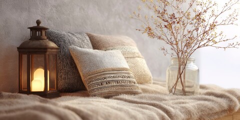 Cozy corner with mattress, lantern, and branch