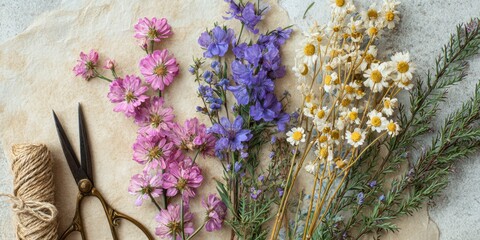 Flatlay of herbs, flowers, and tools on aged parchment