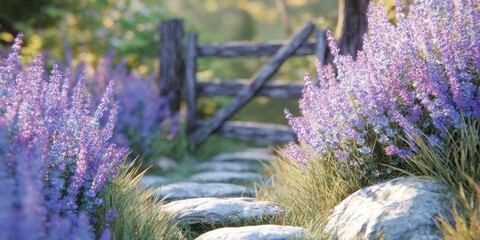 Garden path with lavender, stones, and gate