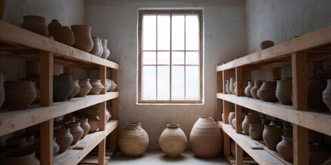 Pottery studio with clay vessels and filtered light