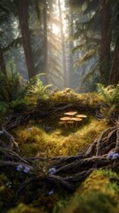 Forest floor with mushrooms and morning light