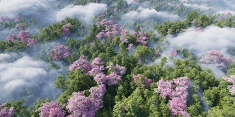 Tropical Rainforest Canopy with Pink Blossoms
