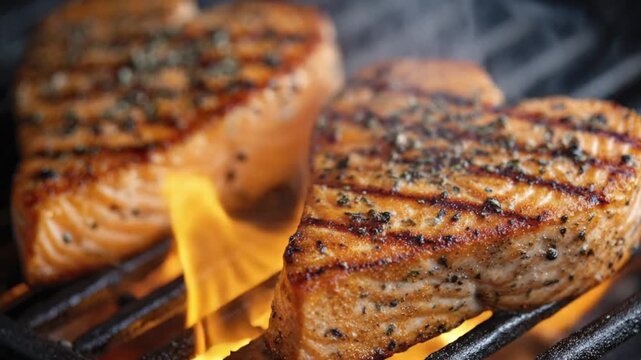 A close-up shot captures two vibrant salmon fillets sizzling on a hot barbecue grill. The rich orange-pink fish is perfectly seasoned with a flavorful blend of herbs and spices, showcasing appetizing 