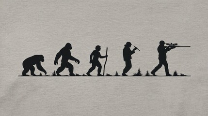 A playful depiction of evolution features silhouettes ranging from a primal figure to a modern soldier. Each stage humorously highlights change in behavior and context