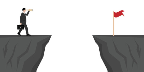 Businessman using Telescope looking for Victory Flag. Goal Achievement and Business Success Concept. Vector Illustration.