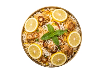 turmeric lemon rice with mushrooms and mint garnish