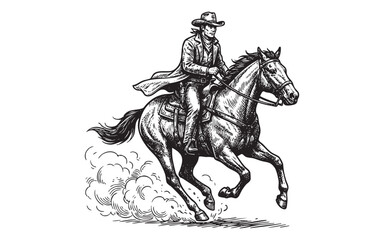 Fototapeta premium Vintage Engraving Illustration of a Cowboy Rider Galloping on Horseback Through a Cloud of Dust