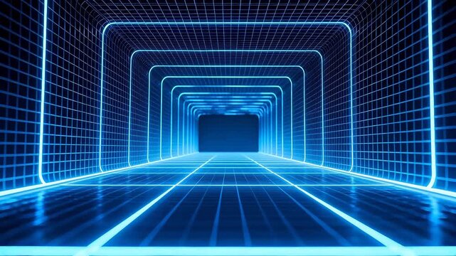 Blue neon grid tunnel perspective