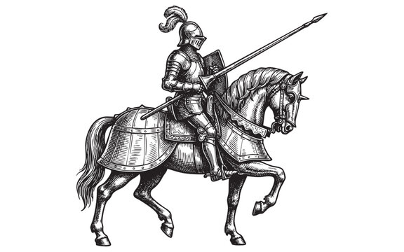 Historical Engraving of a Medieval Knight in Full Armor Riding a Caparisoned War Horse with a Lance