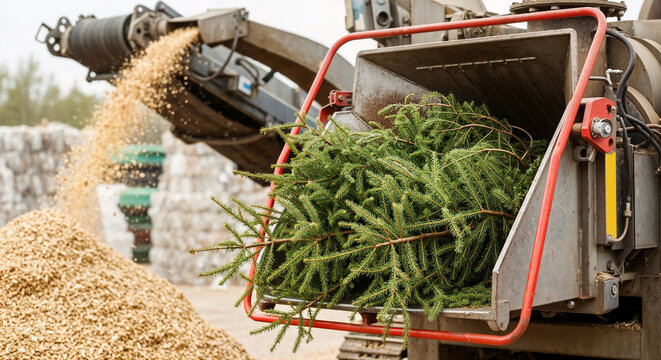 Christmas tree recycling: industrial chipper processes discarded evergreens. Christmas tree recycling converts seasonal green waste into useful wood chips, supporting circular economy.