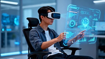 Young man using virtual reality headset - Powered by Adobe