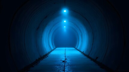 Fototapeta premium Dark circular tunnel illuminated by three bright blue lights, with a wet, reflective floor leading into the distance.