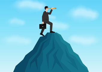 Businessman using Telescope on Top of Mountain looking for New Opportunity. Business Opportunity and Future Career Concept. Vector Illustration.