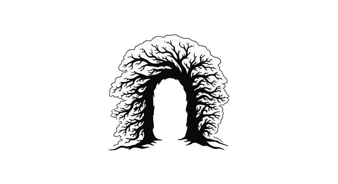 Mysterious arched gateway formed by dense, intertwined tree branches against a white background.