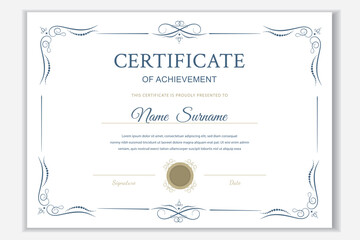 Professional certificate of achievement template with elegant blue flourish frame and gold seal. Modern minimalist design for business awards, graduation diplomas, and gift vouchers. Editable vector.
