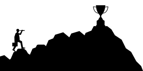 Businessman using Telescope looking for Trophy Silhouette. Goal Achievement and Business Success Concept. Vector Illustration.