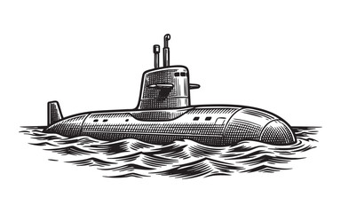 Hand-drawn monochrome illustration of a military submarine submerged in choppy ocean waves © trianatio