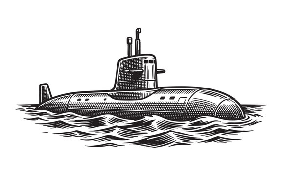 Hand-drawn monochrome illustration of a military submarine submerged in choppy ocean waves
