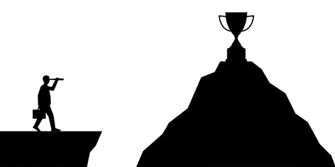 Businessman using Telescope looking for Trophy Silhouette. Goal Achievement and Business Success Concept. Vector Illustration. © BillionsPhoto