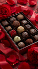赤いバラに囲まれた高級チョコレートのバレンタインギフト