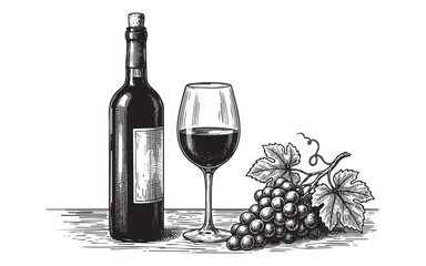 Hand-drawn illustration of a bottle of red wine, a filled wine glass, and a bunch of grapes on a table © trianatio