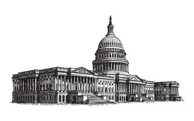 Detailed ink drawing of the United States Capitol building in Washington DC © trianatio