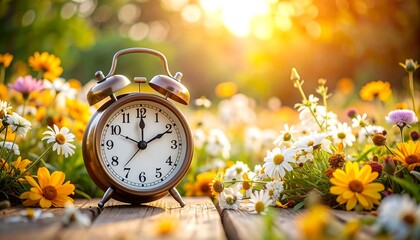 A vintage alarm clock sits amidst wildflowers in vibrant sunlight, signifying the start of a day filled with natural beauty