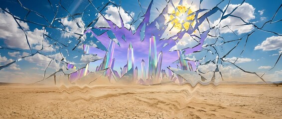 Shattered View of a Mystical Desert Landscape with Iridescent Crystals and a Radiant Sun Breaking Through the Horizon
