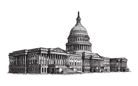 Detailed ink drawing of the United States Capitol building in Washington DC