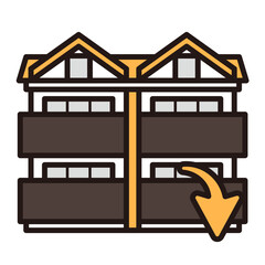 シンプルなアパートのアイコン+下降矢印