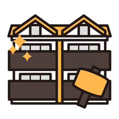 シンプルなアパートのアイコン+ハンマー
