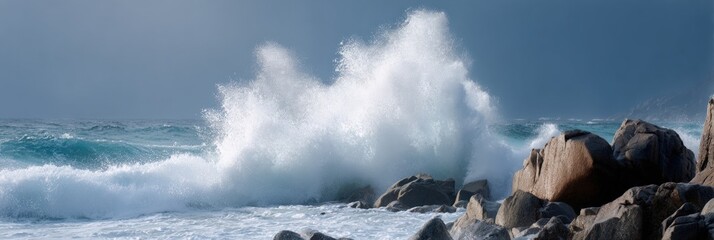 Powerful ocean waves crashing against rocky shoreline under cloudy sky