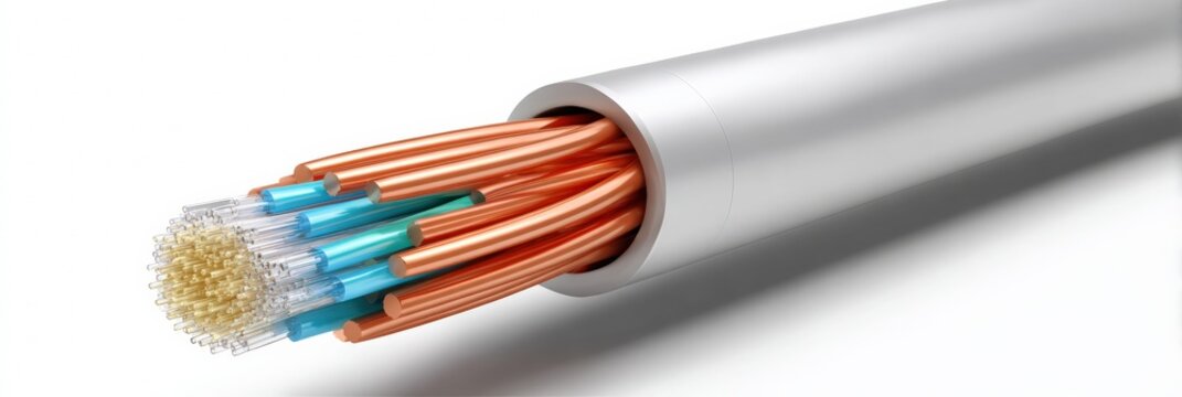 Close-up of fiber optic cable with copper wires exposed