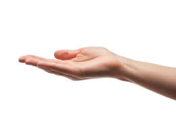 Adult fair-skinned hand, open palm, neutral manicure, outstretched on a transparent background with copy space. UHD close-up, high-angle isolated shot, concept of interaction and transaction