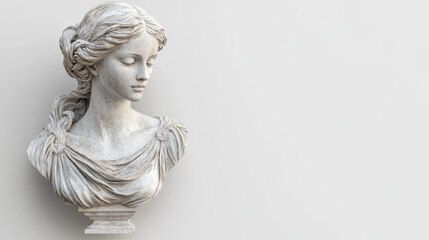 Elegant marble bust of a serene woman in classical Greek style against a white background with copy space. Ideal for art history blogs, interior design sites, and philosophy articles.