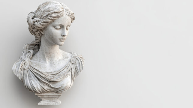 Elegant marble bust of a serene woman in classical Greek style against a white background with copy space. Ideal for art history blogs, interior design sites, and philosophy articles.
