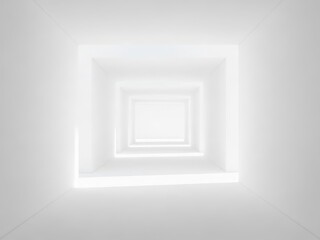 Empty white corridor fading into light representing transition and unseen effort. Abstract minimalist business concept suitable for growth phases, leadership journeys, corporate transformation visuals